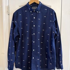 Club Room Dog Jack Russel Print Navy Blue Long Sleeve Button Down Shirt Size L